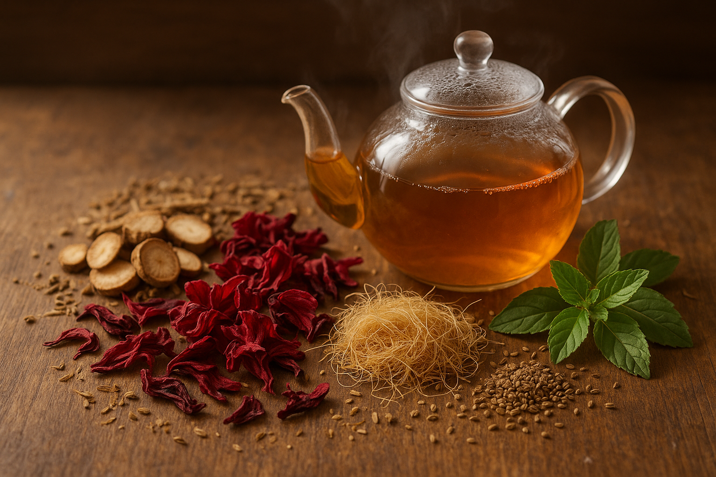 Burdock tea with hibiscus, corn silk, Tulsi, celery seeds
