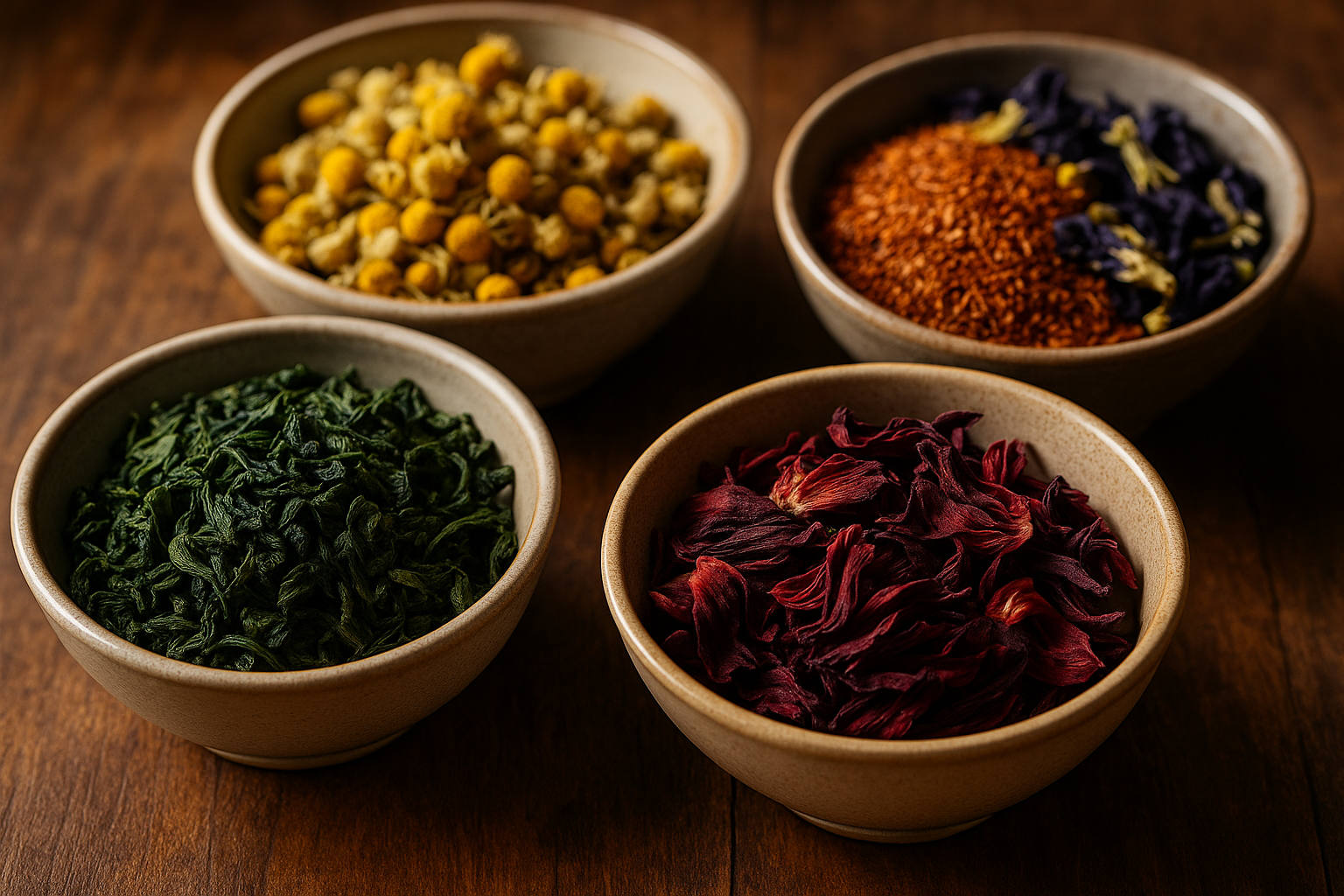 Loose leaf tea in bowls rich colors