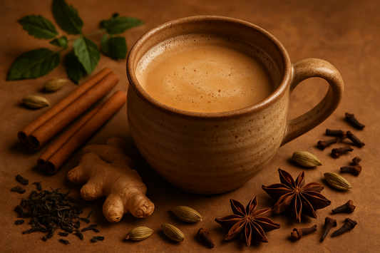 Chai Latte in a pot with herbs aroud it