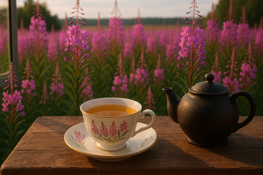 ivan chai in cup with kettle on table overlooking fireweed field