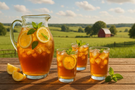 Sweet tea jug with lemon and mint leaf on table with iced tea in cups overlooking farm